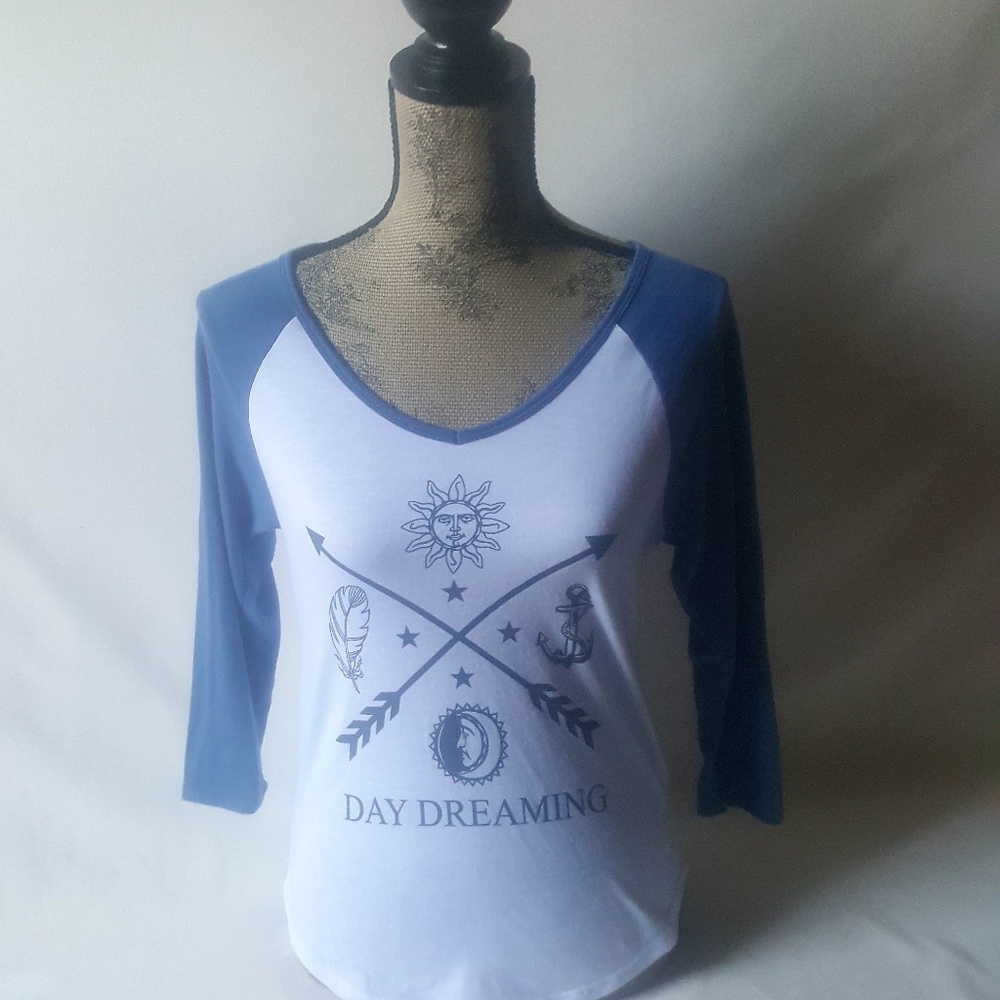 AWAKE, women's blue and white graphic top